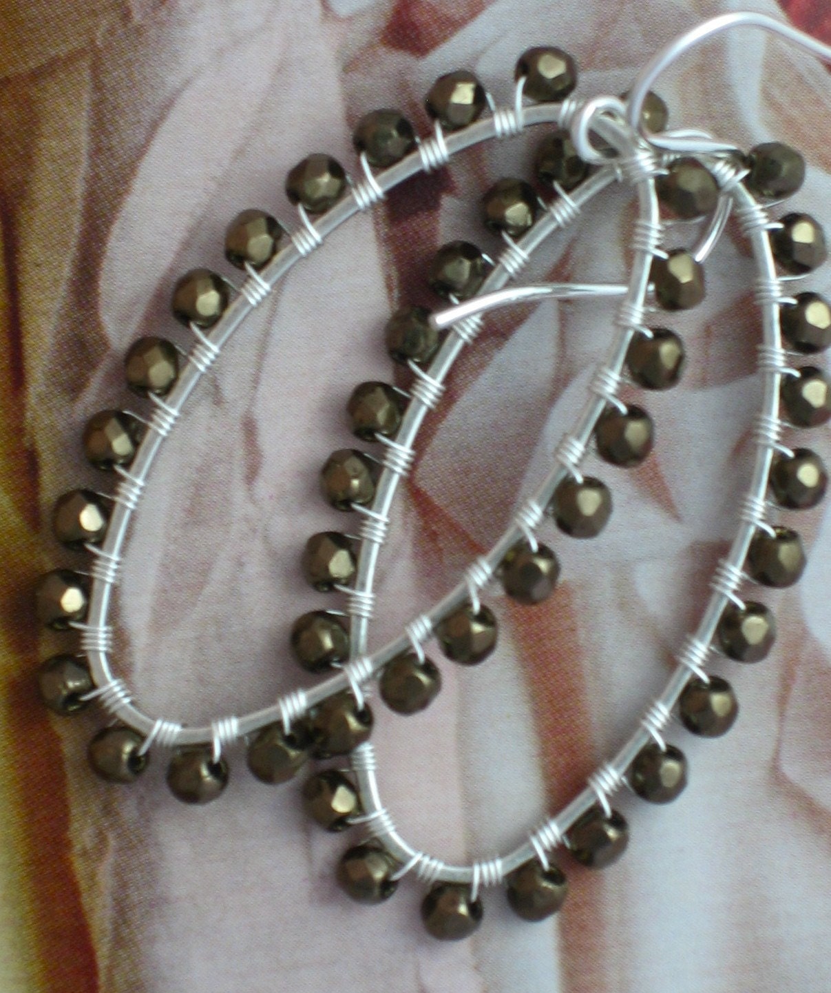 Beaded Oval Drop Dangle Hoop Earrings In Metallic Bronze, Graduation Gift, Wedding