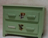 SALE:  1930s Shabby Painted Wood Doll Dresser with Dog Decals