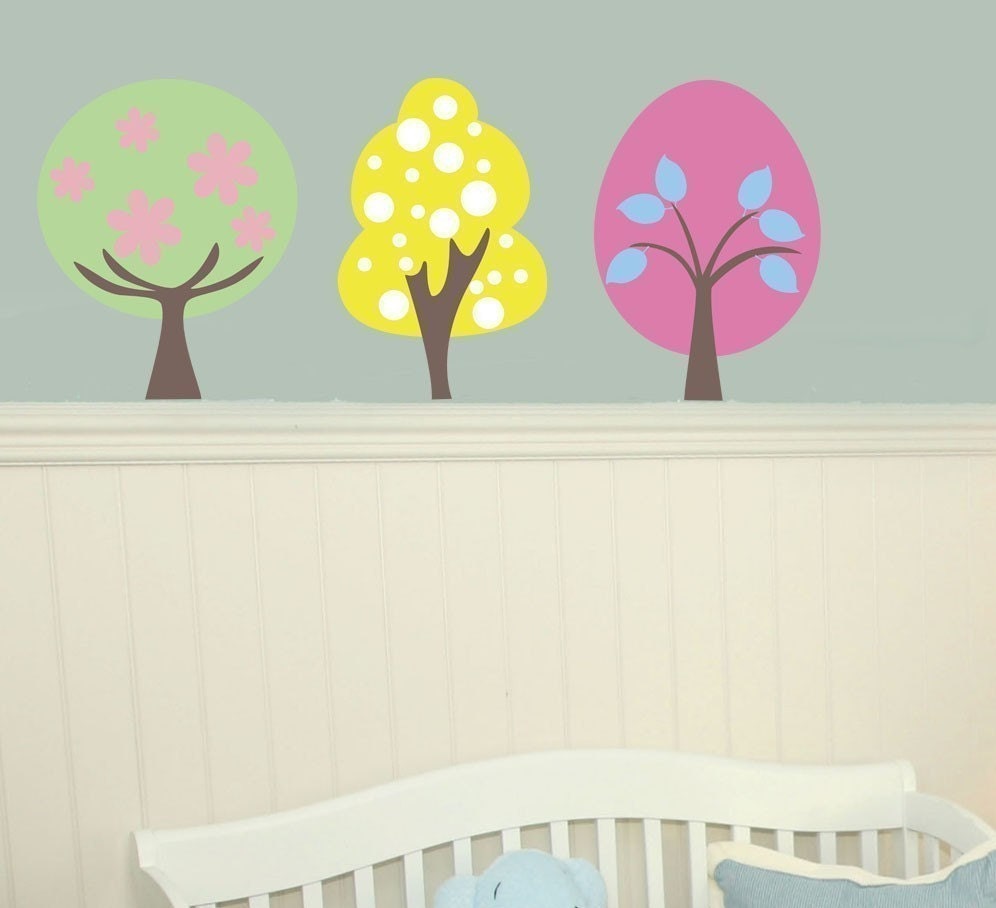 Three Colorful Whimsical Trees Fabric NOT Vinyl Wall Decals