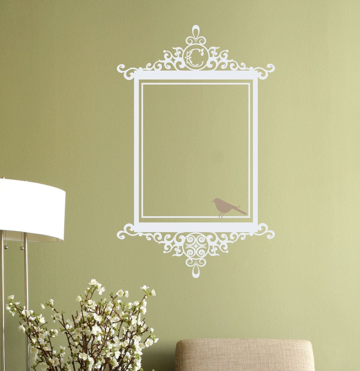 Antique Scroll Frame with Monogram and Bird Vinyl Wall Decal Sticker