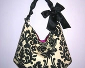hobo tote bag in black and champagne damask with black handle and raspberry lining - angie mini