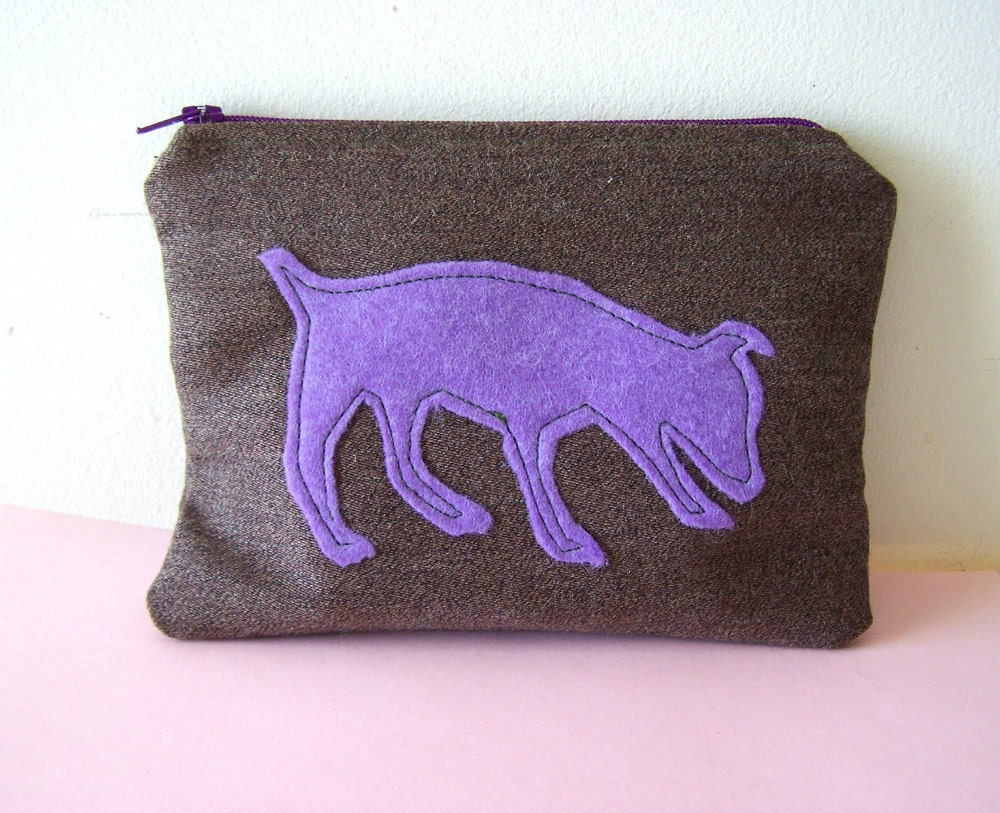 Dog silhouette zipper pouch in purple and brown