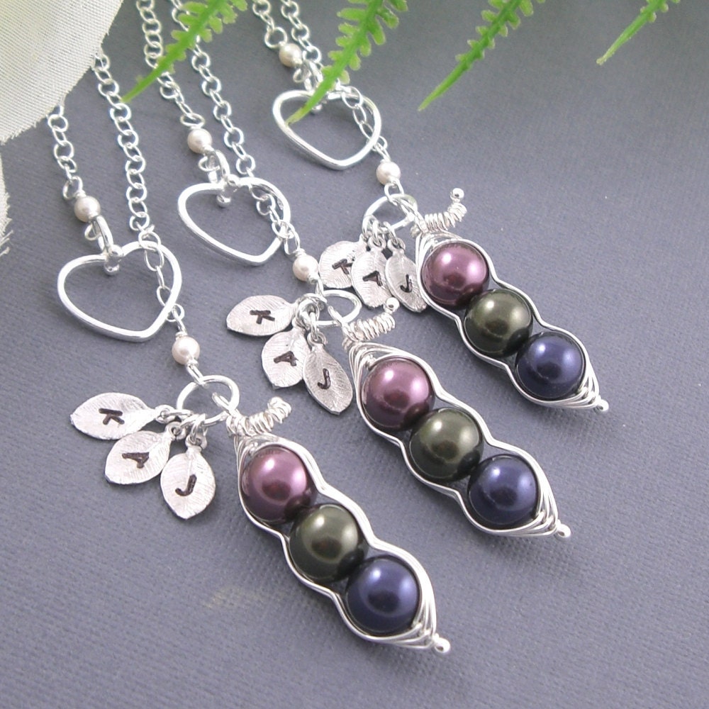 Set of 3 - 3 sweet peas sterling silver personalized hand stamped initial lariat style necklace for sisters, best friends, bridesmaids