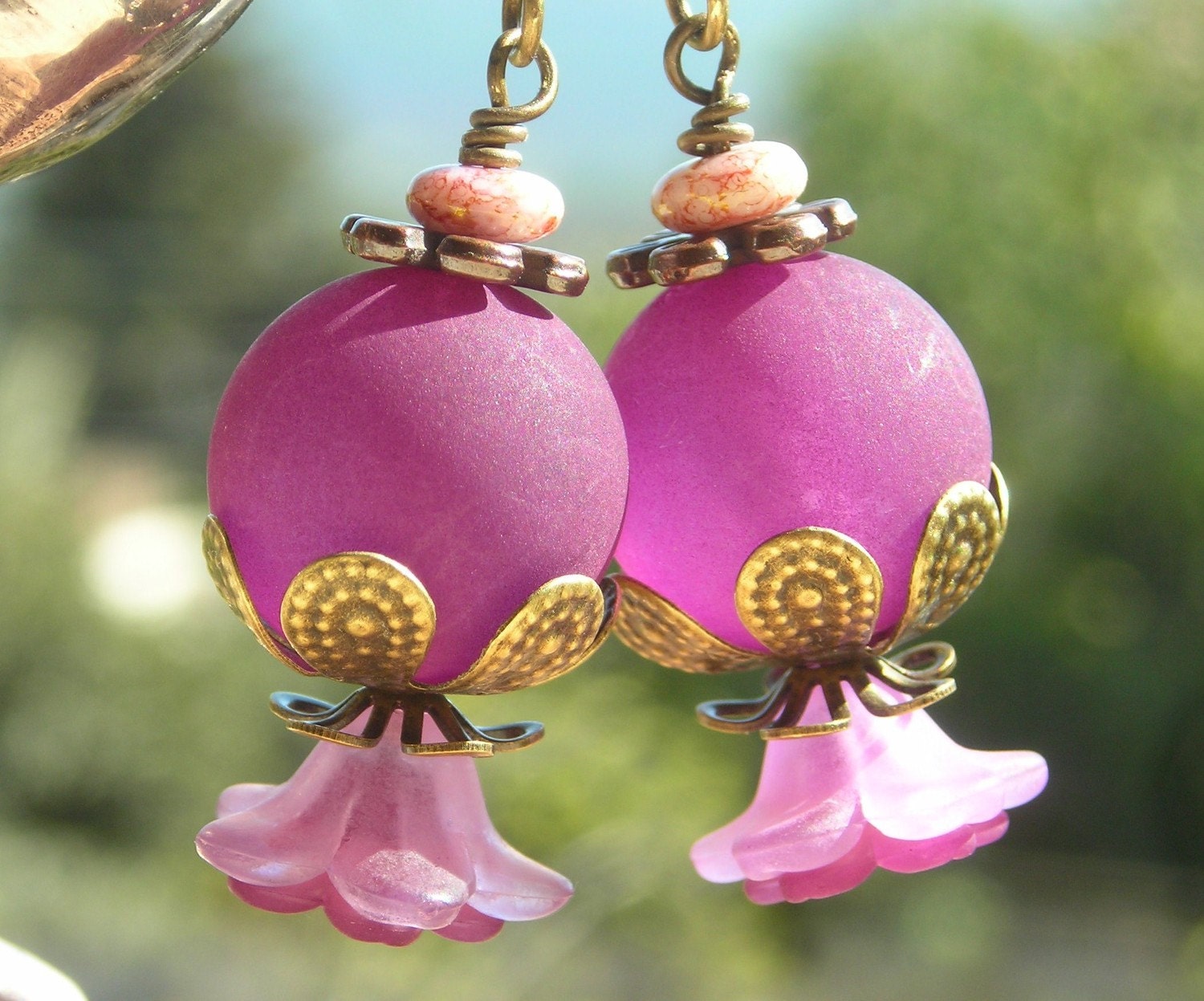 Grape Flowers earrings, dangle earrings for women, plum purple lucite, antique brass floral earrings, new retro vintage chic
