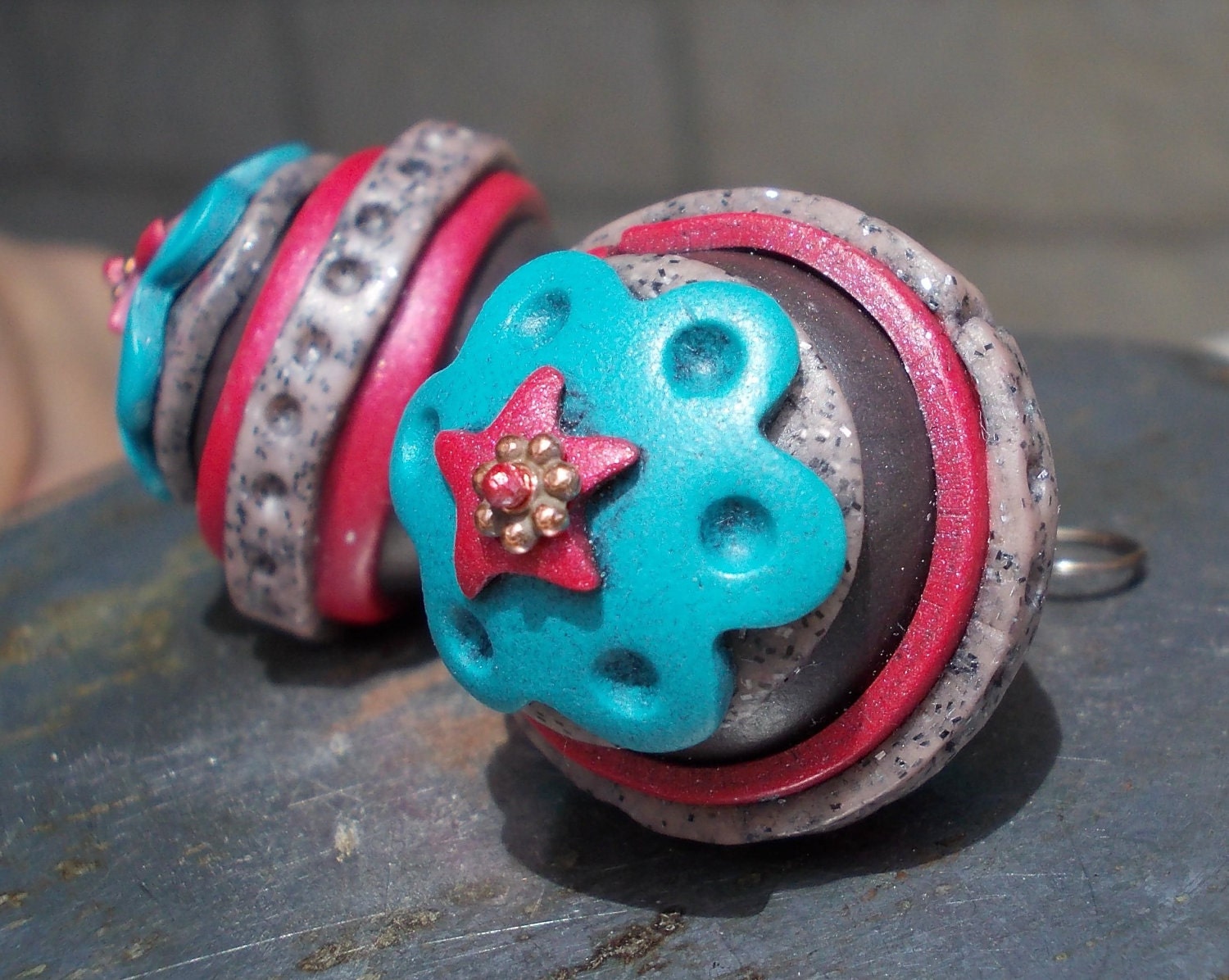 Ethnic, large earrings, polymer clay beads, copper and brass, colorful turquoise blue, red, huge circus beads