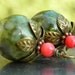 Salmon Pond earrings, Czech glass beads, coral and brass, mossy forest water berry
