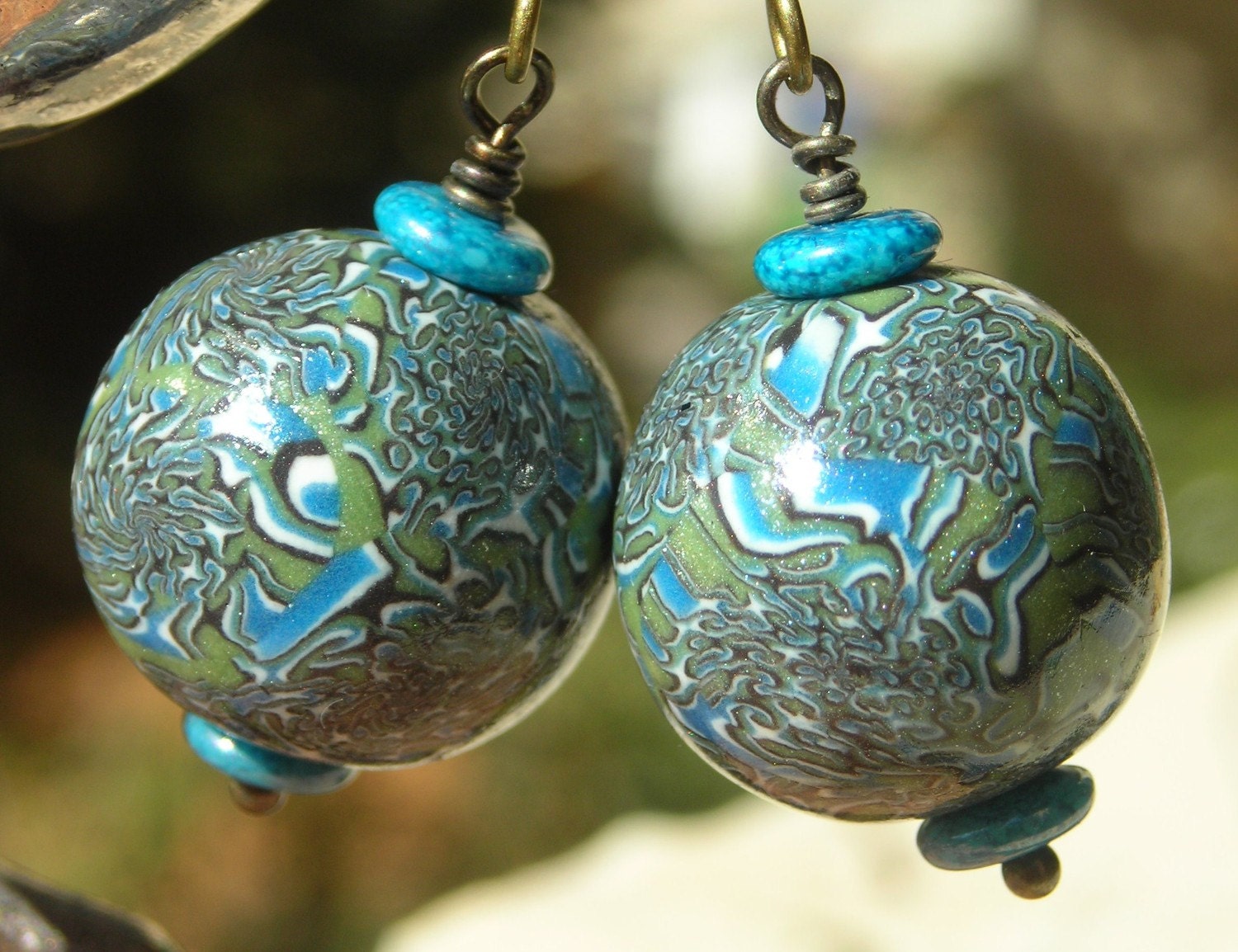 SALE, Blue dangle earrings for women, blue green river organic handmade polymer clay beads, brass faux lampwork earthy unique turquoise