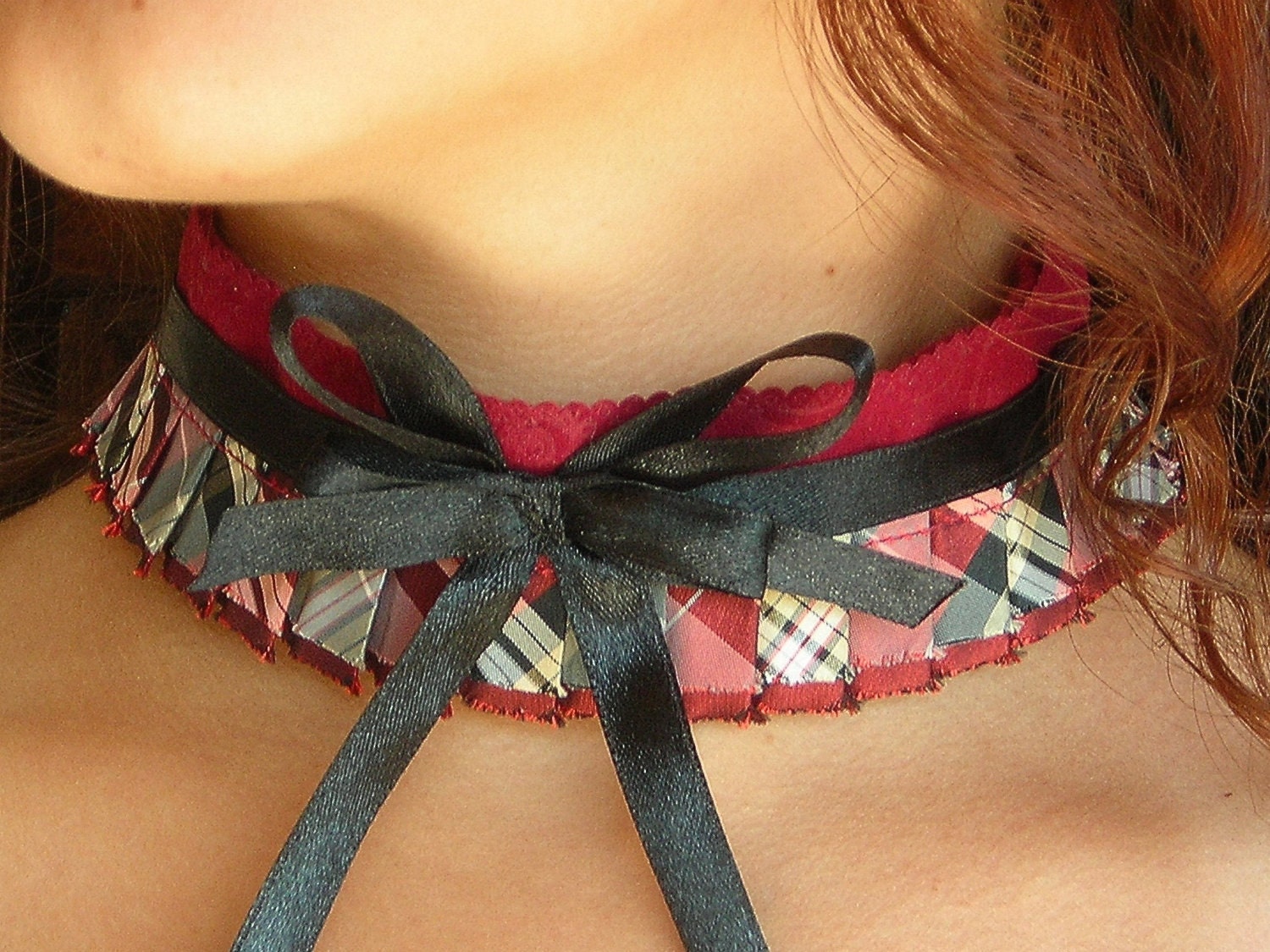 Victorian Collar gothic steampunk neo renaissance romantic bow tie ruffled choker necktie burgundy and black satin ribbons by Hodaya