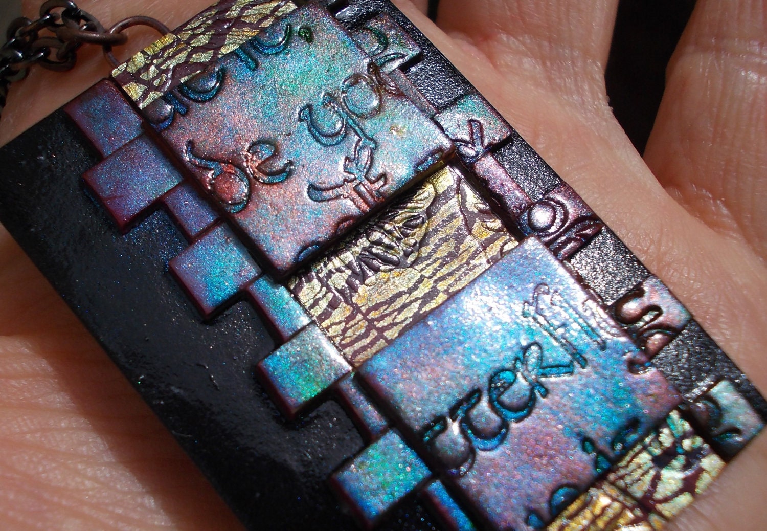 Word Collage, necklace, handmade polymer clay pendant on copper letter butterfly film mica metallic art charm bead mixed media
