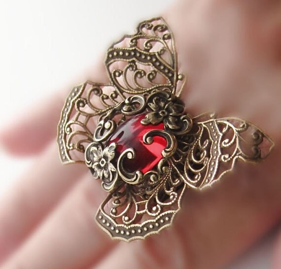 Enchantment Butterfly Ring a whimsical nature inspired cocktail filigree ring - adjustable band - red