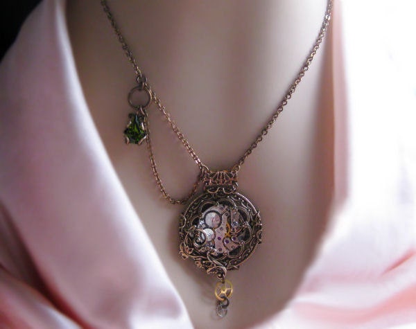 Steampunk necklace Victorian pocket watch style pendant with swag chain, steampunk jewelry, statement necklace