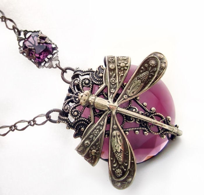 Dragonfly filigree necklace, La Belle Epoque jewellery statement necklace in amethyst purple
