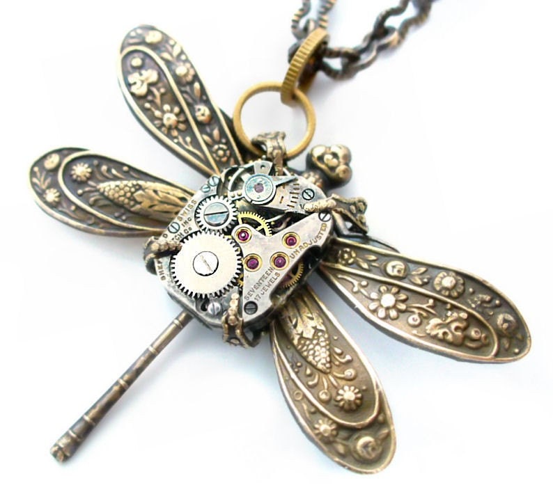 Time Flies - SteamPunk Clockwork Dragonfly Jewelry Art Necklace by Vintage Filigree Jewels