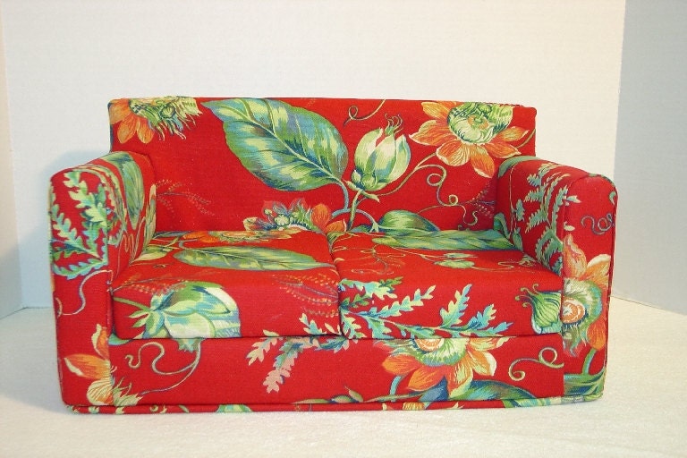 Tropical Floral Doll Sofa - Red - Green - American Girl Dolls - Handmade - 18 inch dolls