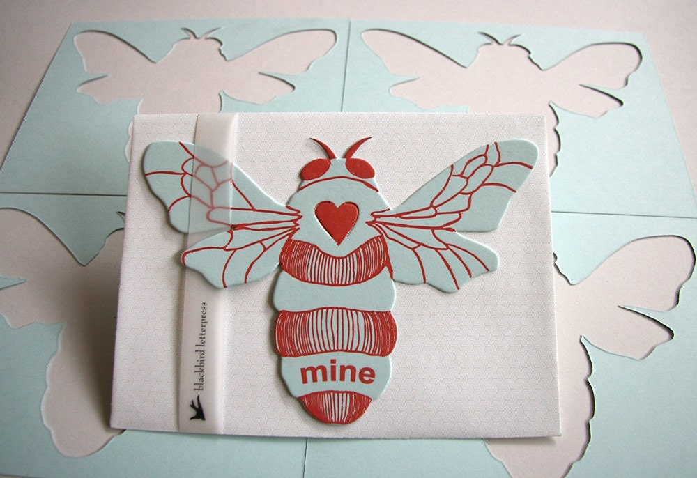 letterpress Bee Mine card die cut