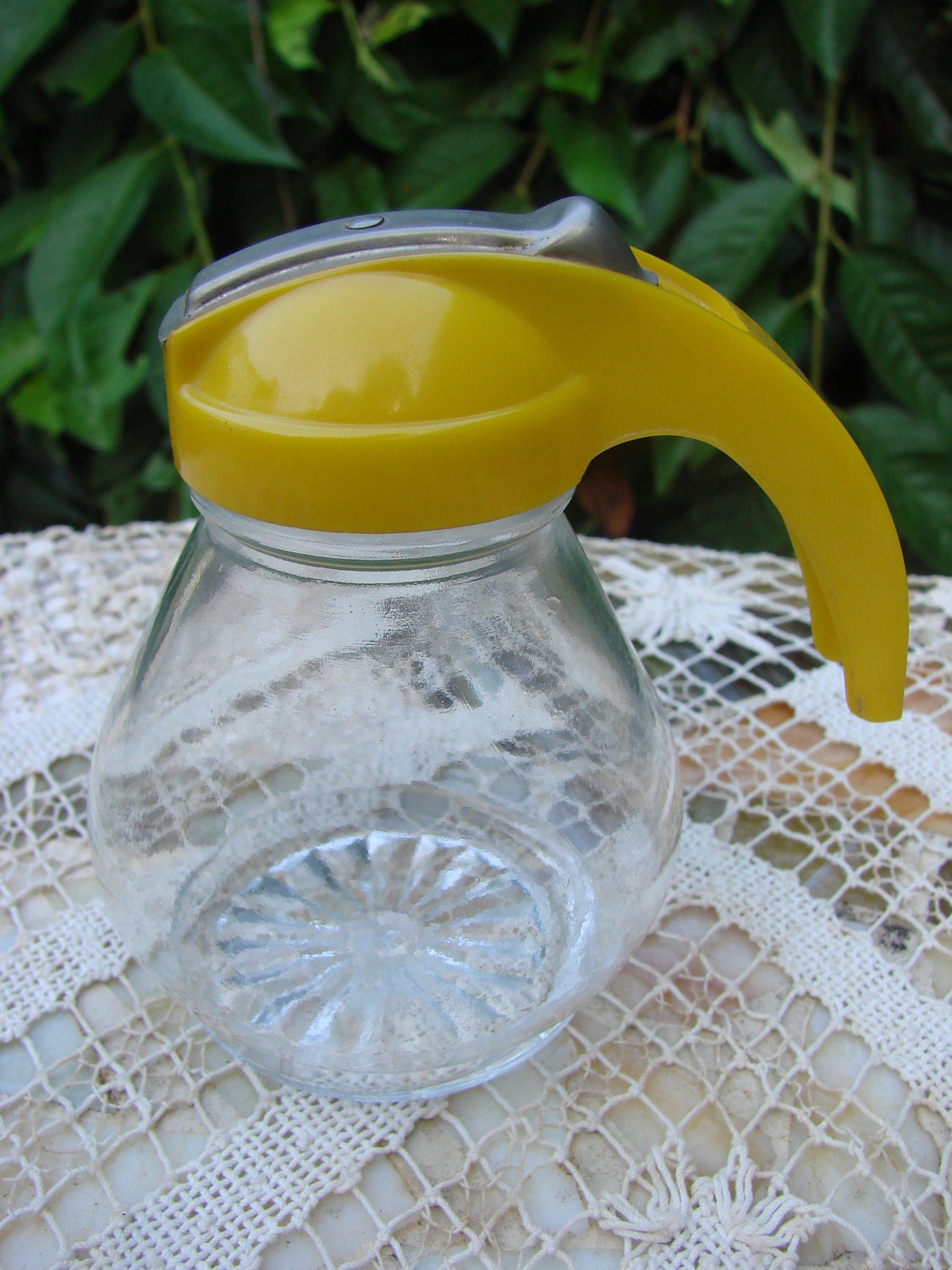 Vintage Small Glass Syrup Pitcher with Bright Yellow Top