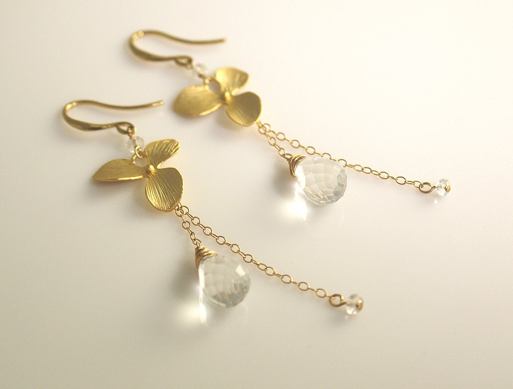 Petals and White Topaz Earrings - 14k gold