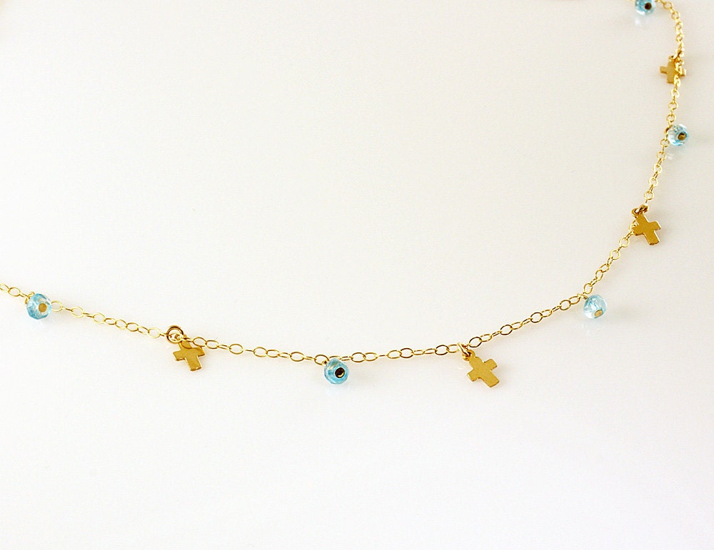 Tiny Cross Necklace with Custom Gemstones - 18 inch strand - 14k gold