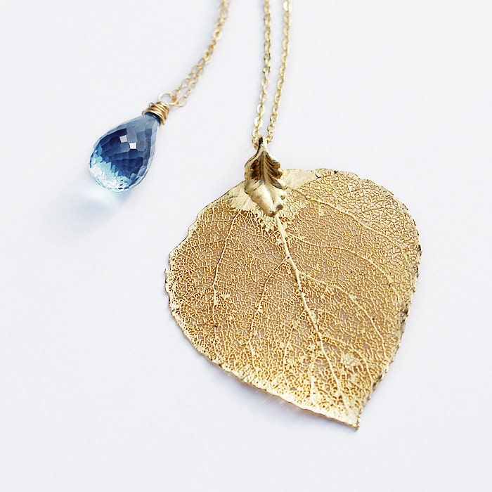 Luxe AAA London Blue Topaz and 24k Dipped Leaf Necklace Set