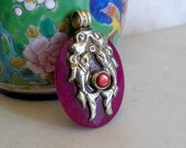 Purple Jade Tibetan Pendant with Silver Repousse and Red Coral- Double Auspicious Shapes, Tibetan Turtle