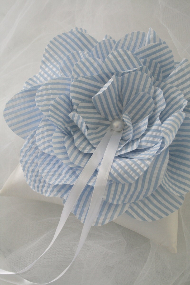 Blue Seersucker Ring Bearer Flower Pillow