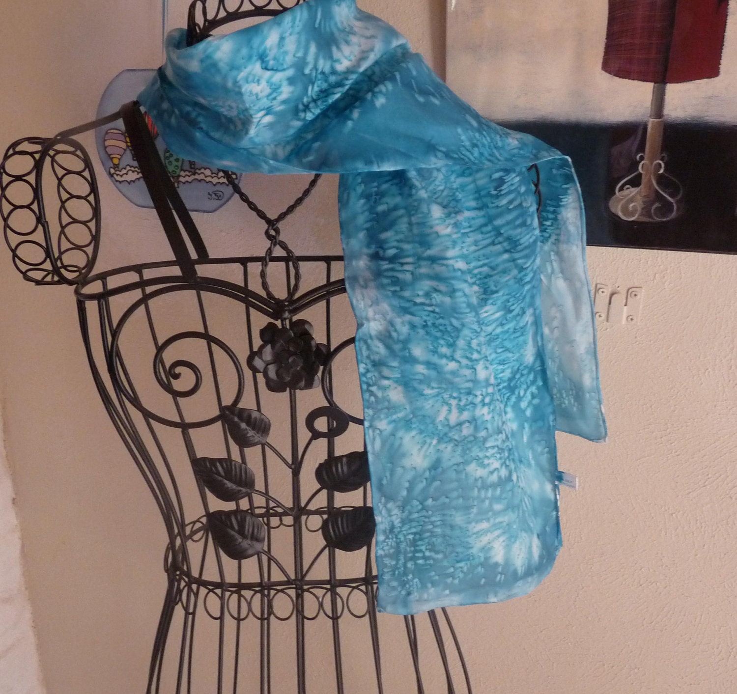 Hand painted Silk Scarf TEAL AQUA