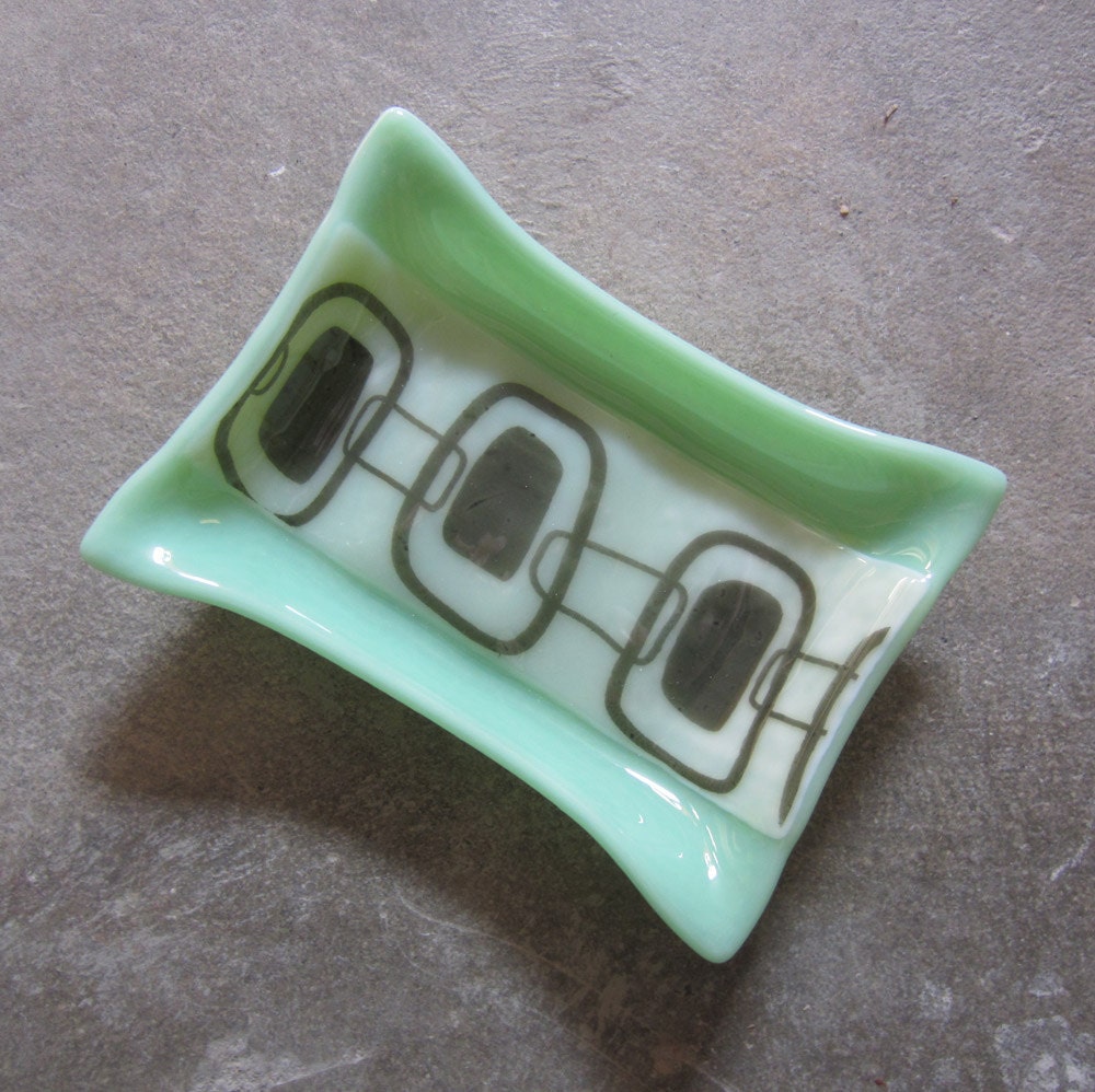 Mint green soap dish with mid century mod print - glass soap dish - modern home decor