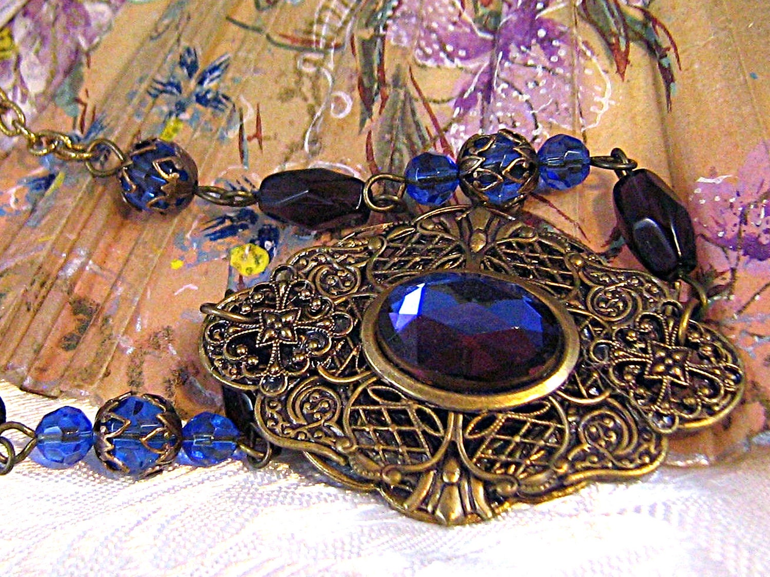 Vintage Style Brass Filigree Necklace With Blue and Amethyst Faceted Czech Glass Beads