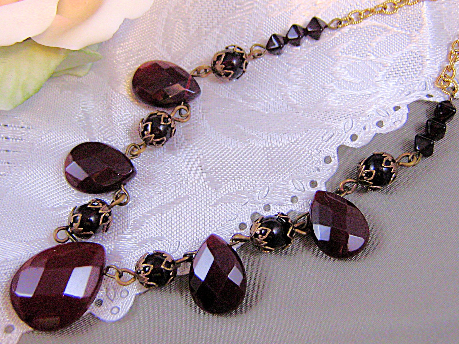 Vintage Garnet Glass And Brass Necklace