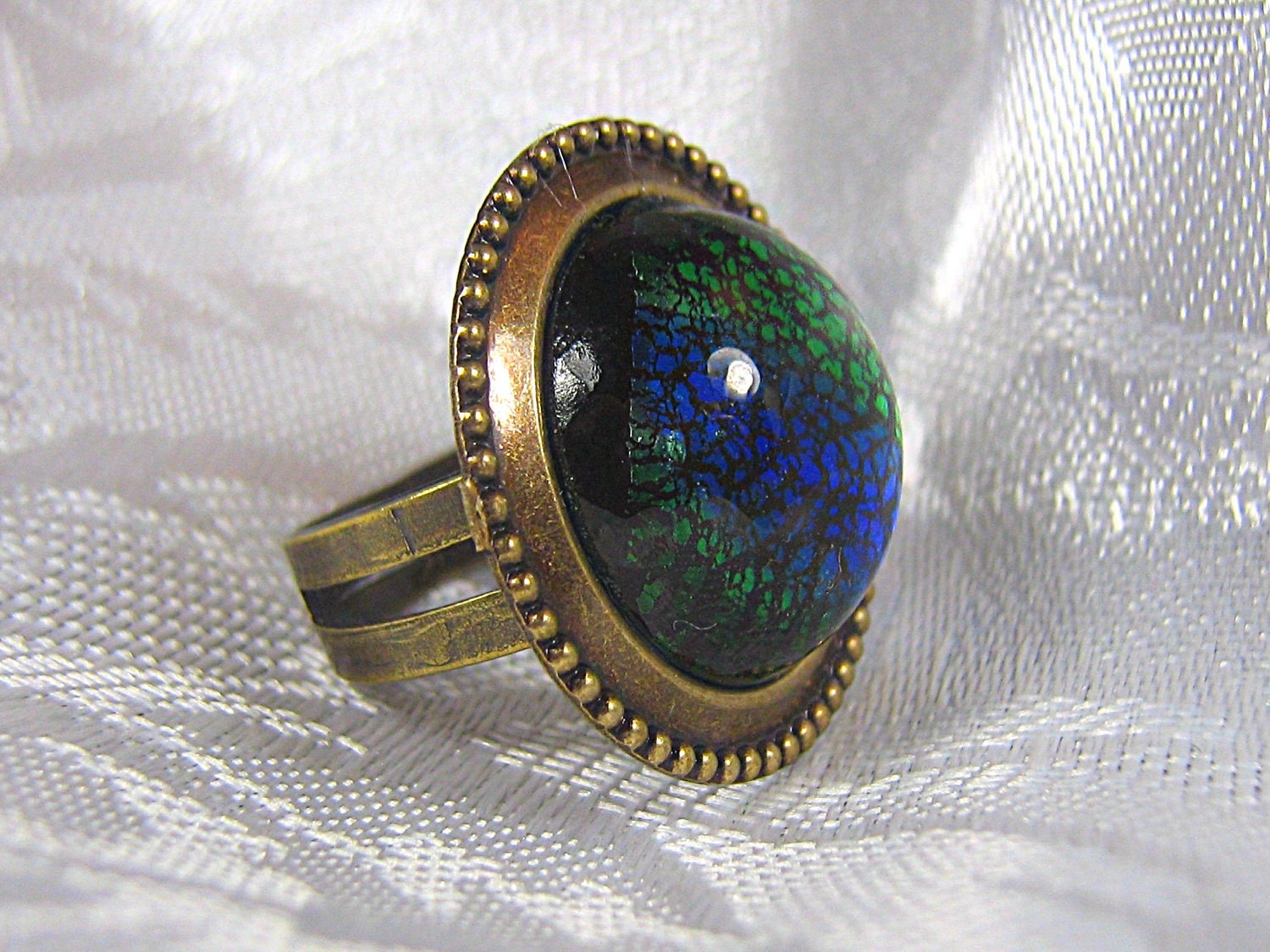 Antiqued Brass And Blue Opal Glass Cocktail Ring