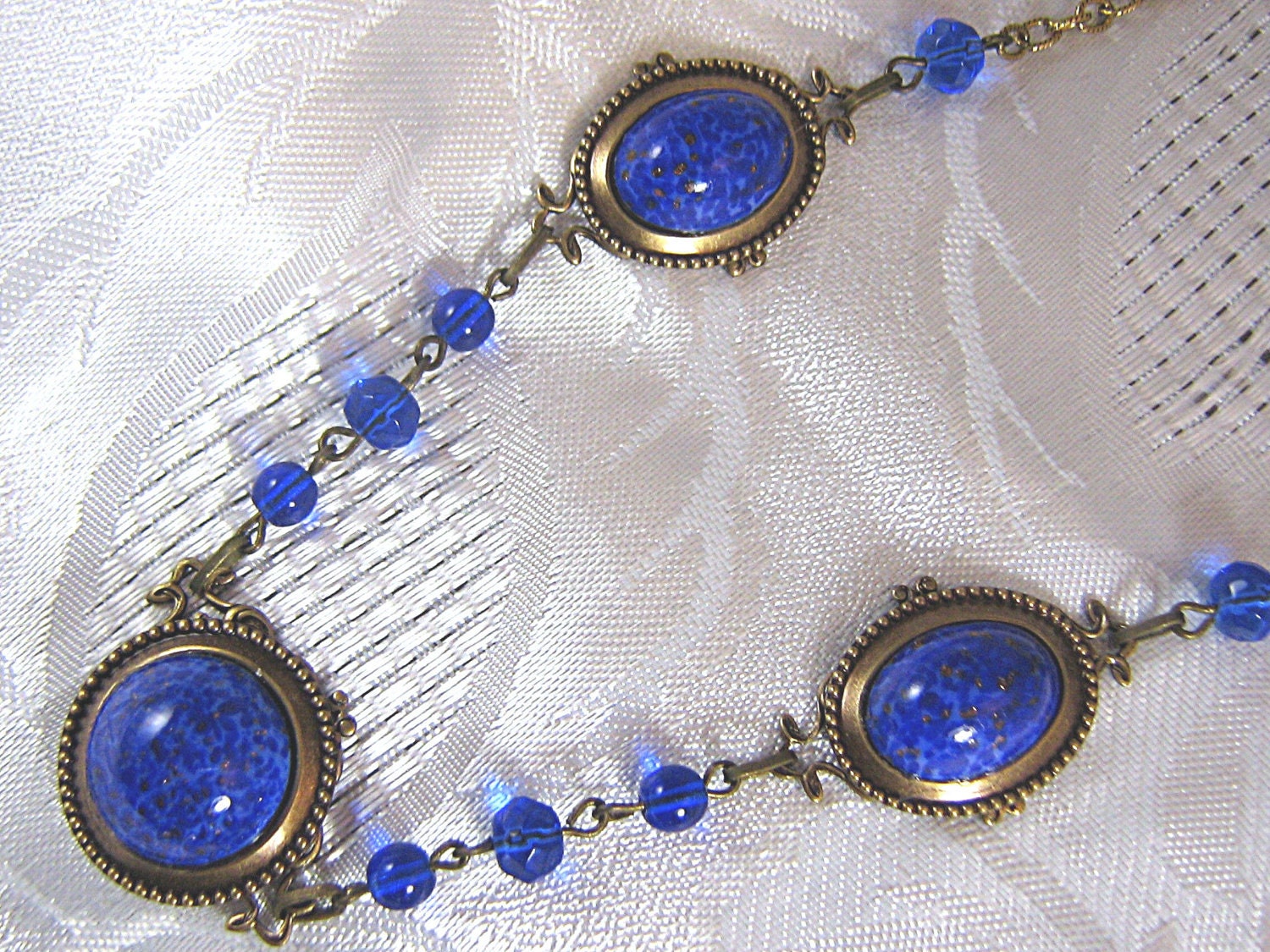 Art Deco Inspired Brass Necklace With Lapis Blue Glass Stones And Sapphire Glass Beads