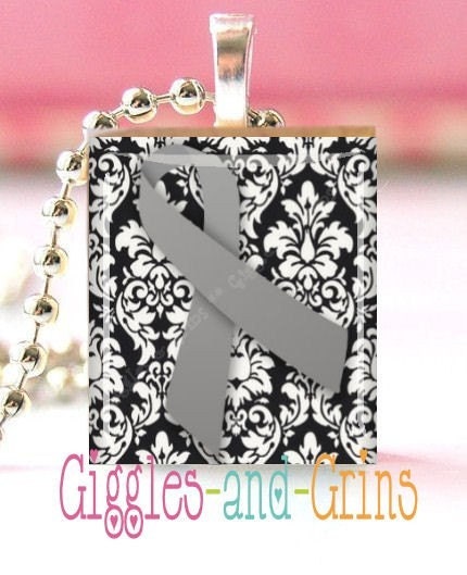 Scrabble Tile Pendant Gray Awareness Ribbon  Asthma ... Brain Cancer ... Brain Tumor ... Diabetes ... Mental Illness