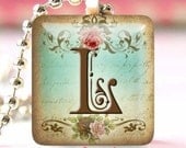 Glass Tile Pendant With FREE Chain ( Vintage Romantic Shabby Custom Initial L )