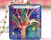 Glass Tile Pendant Necklace With Free Chain (Tree of Love)