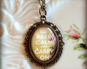 Vintage Antique Bronze Keep Calm and Carry On Pendant with 30 in. Chain