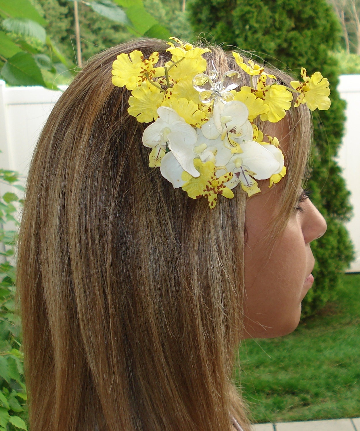 White Orchid Fascinator Hair Clip with Yellow & Rhinestones