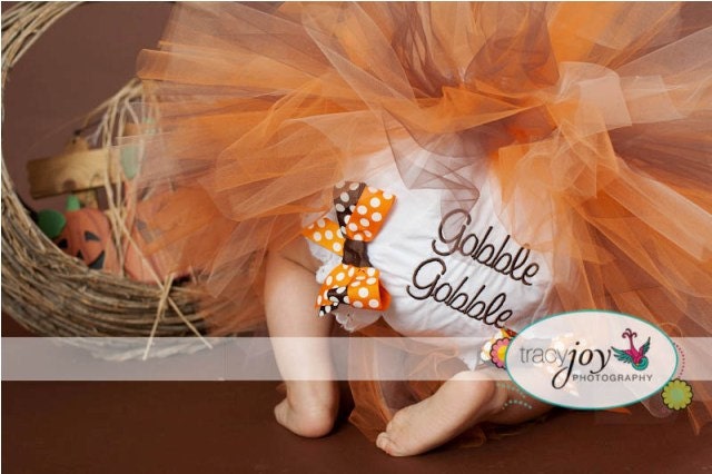 Size 6-12 months ready to ship monogrammed THANKSGIVING Gobble Gobble diaper cover bloomers pants for baby newborn girl tangerine brown