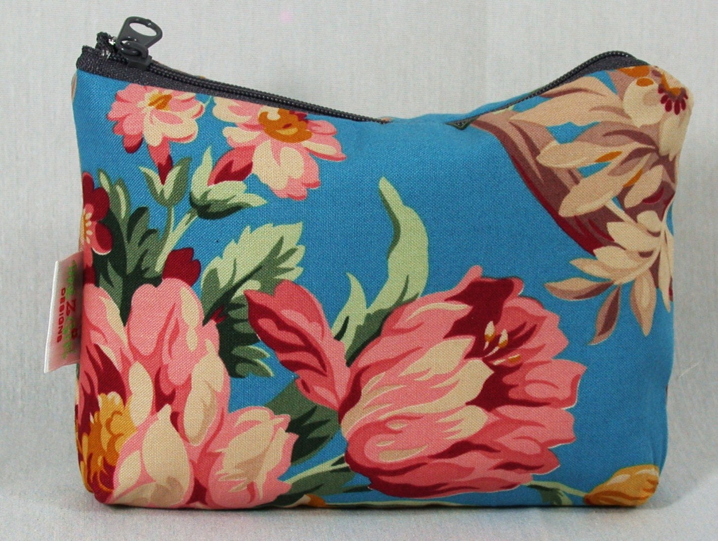Pink Peonies-Floral Bouquet -Blue-Zippered Pouch, Cosmetic-Make up Bag- BagZGirl