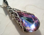 Vintage Inspired Filigree Wrapped Swarovski Vitrail Light Teardrop Crystal Necklace