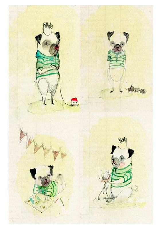 Childrens Wall Art Print -PUG portrait, Eduardo Collection, Set of four prints 8x11 inches