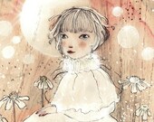 Moon girl with daisies , portrait print 6x8 inches