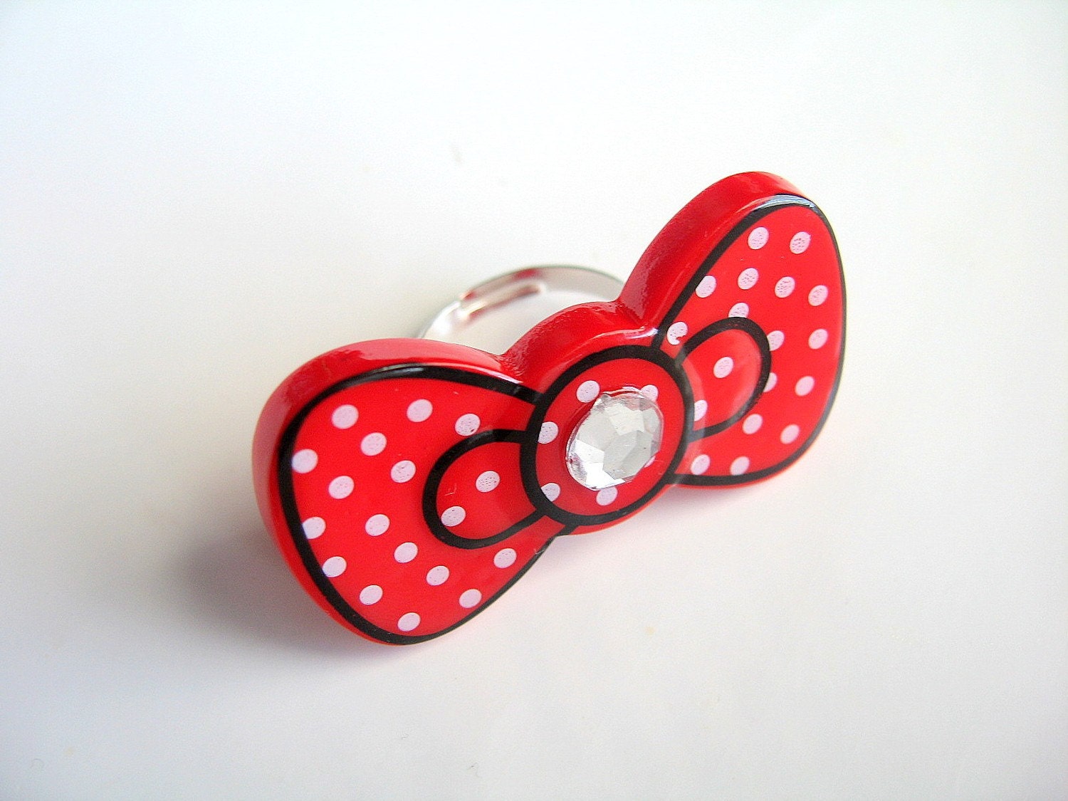 Red Bow Ring, Large Kawaii Polka Dot Ring, Adjustable