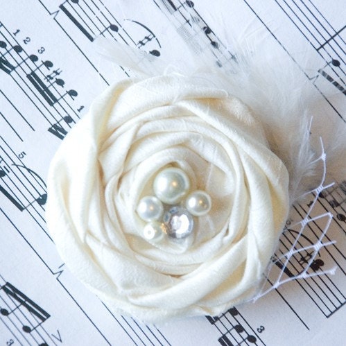 Wedding hair Flower in Ivory Silk Rosettes Rosette Flower rhinestone pearl accents- bridesmaids hair piece / wedding hair piece accessories