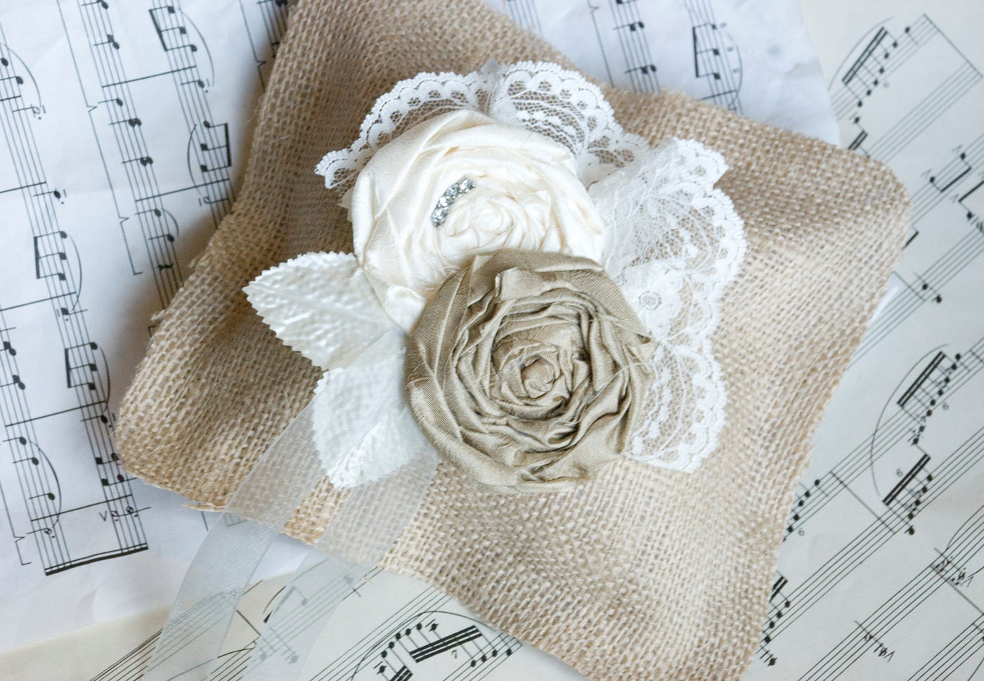 Rustic Burlap Wedding Ring Pillow  - Vintage Shabby Chic Country Wedding ring bearer pillow choose colors - vintage lace and silk rosettes