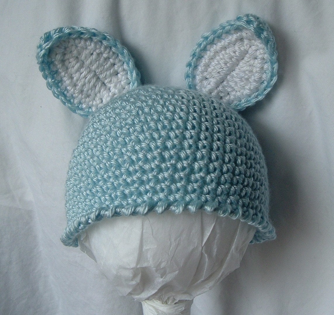 Crochet Bunny Hat Cap 6 to 12 months in Blue for Baby Boy or Girl