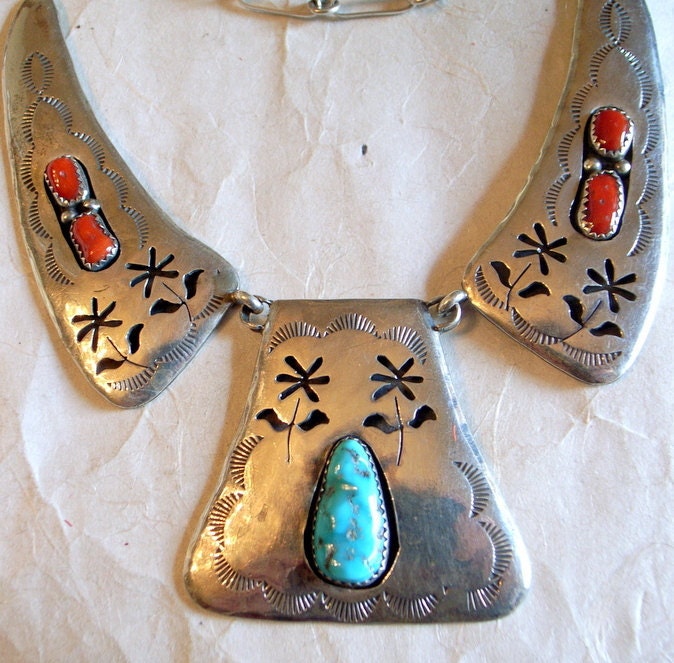 BIG Navajo Necklace Set With Turquoise And Coral - Vintage Native American Statement Necklace - Stamped And Incised - Signed - Sterling