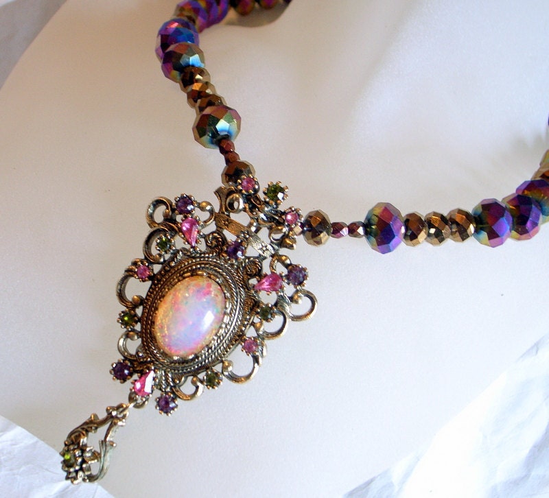 Opal Contessa Necklace Made With Vintage Sarah Coventry Brooch And Bling