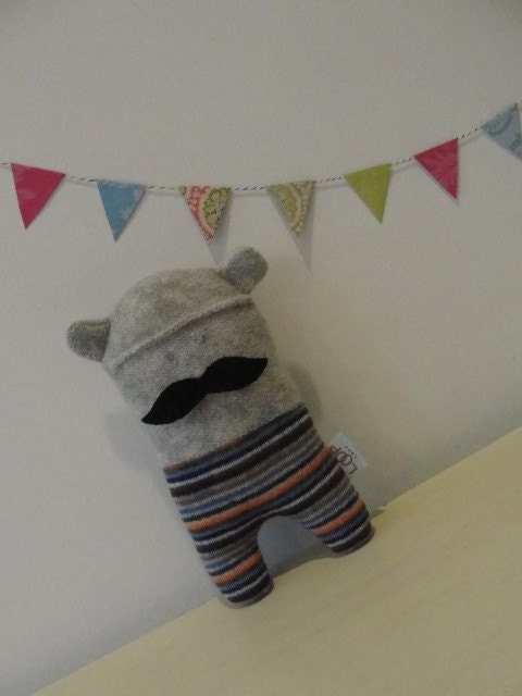 softie with a mustache. mustache max. repurposed wool softie. handmade by lisa of looploft.