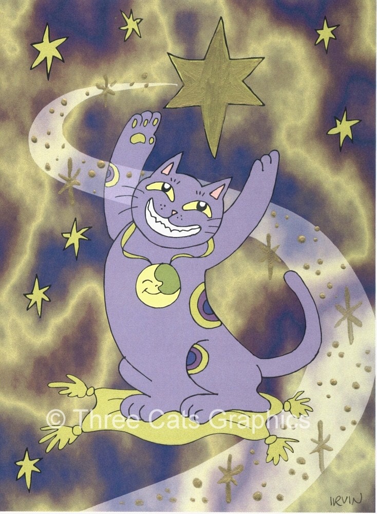 Catching a Lucky Star Purple Lucky Neko Kitty Cat and Lucky Star Limited Edition Print