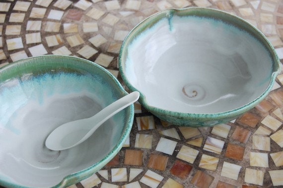Two Large Soup Bowls in Turquoise and White